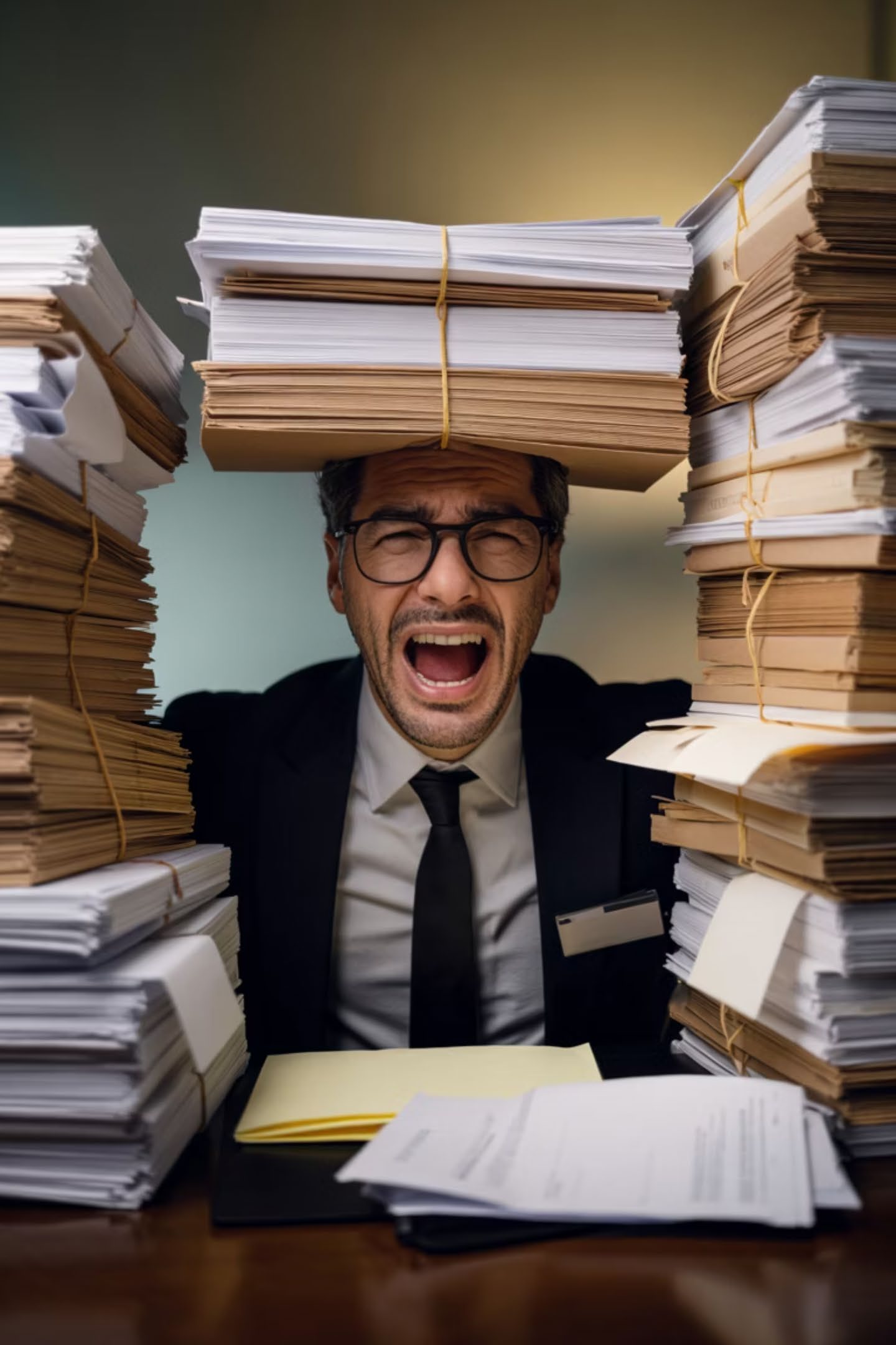 A tax professional shouting beneath stacks of paper files
